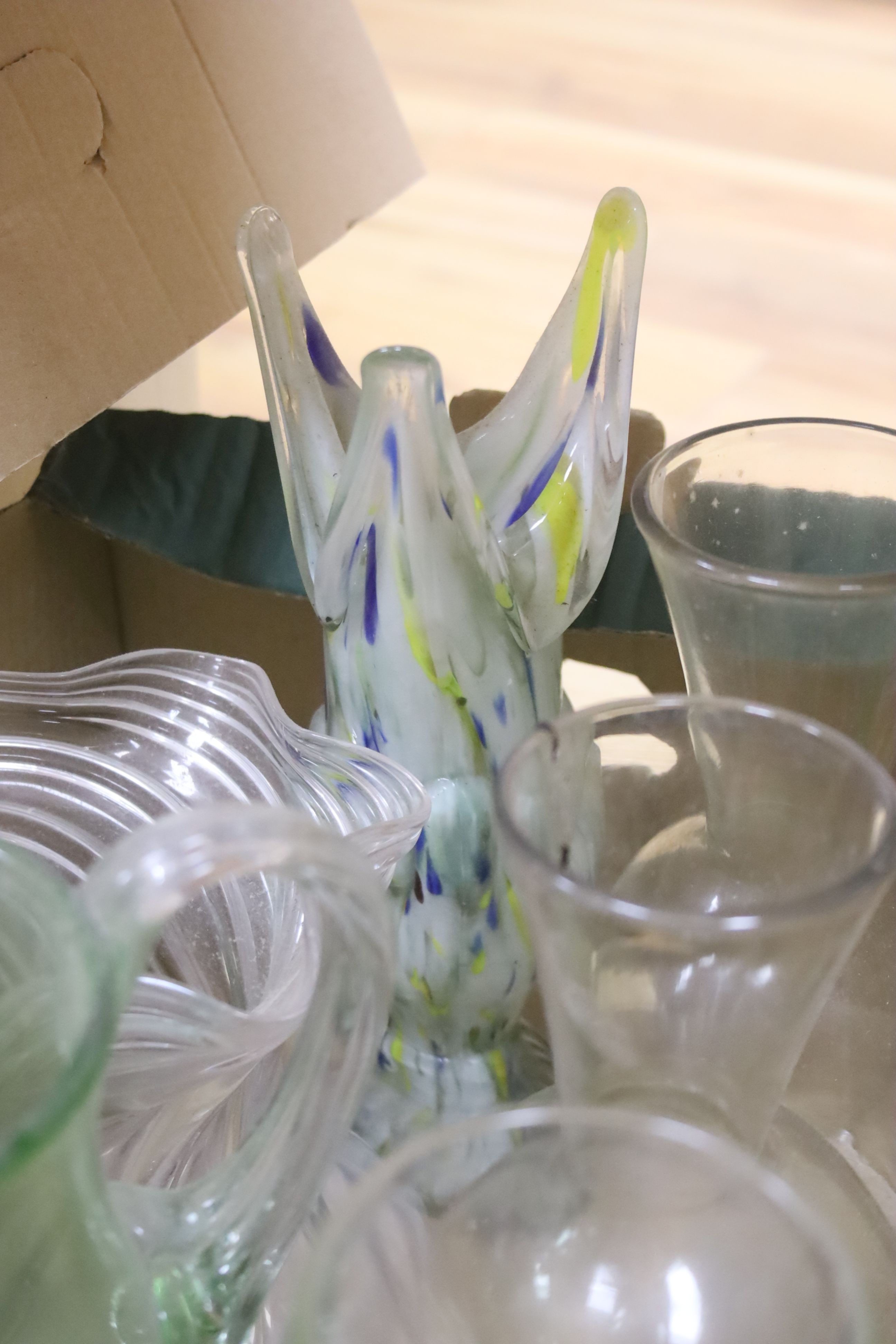 Assorted clear and coloured glassware, tallest 26cm